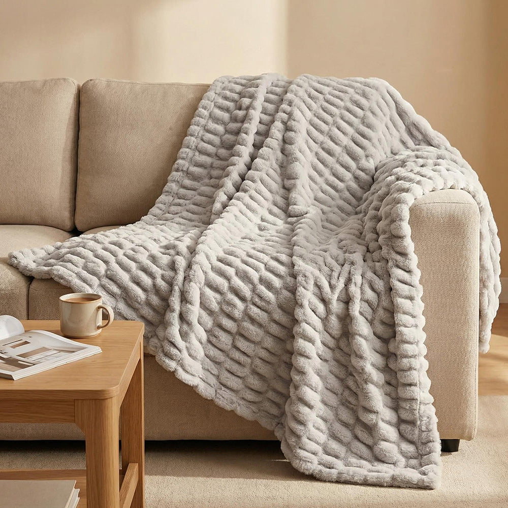Wave Textured Faux Rabbit Fur Throw Blanket