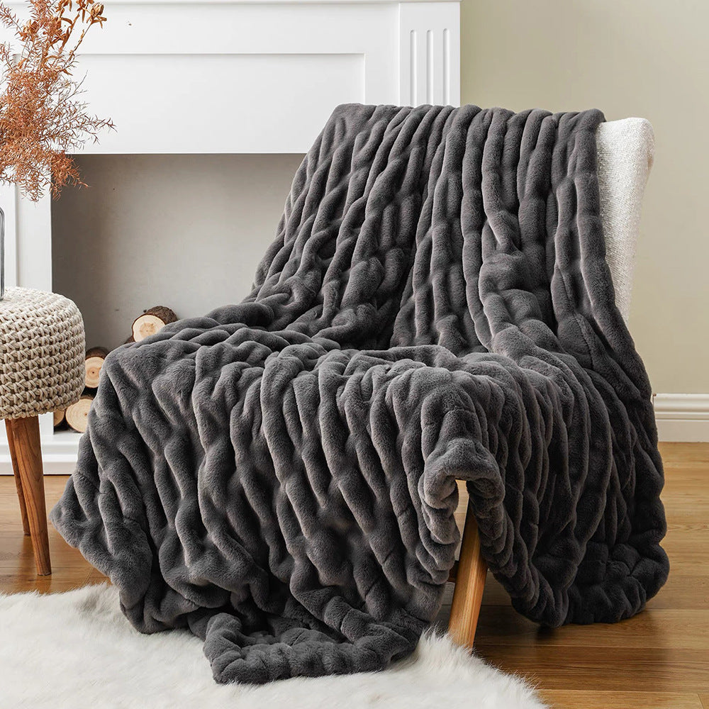 Wave Textured Faux Rabbit Fur Throw Blanket