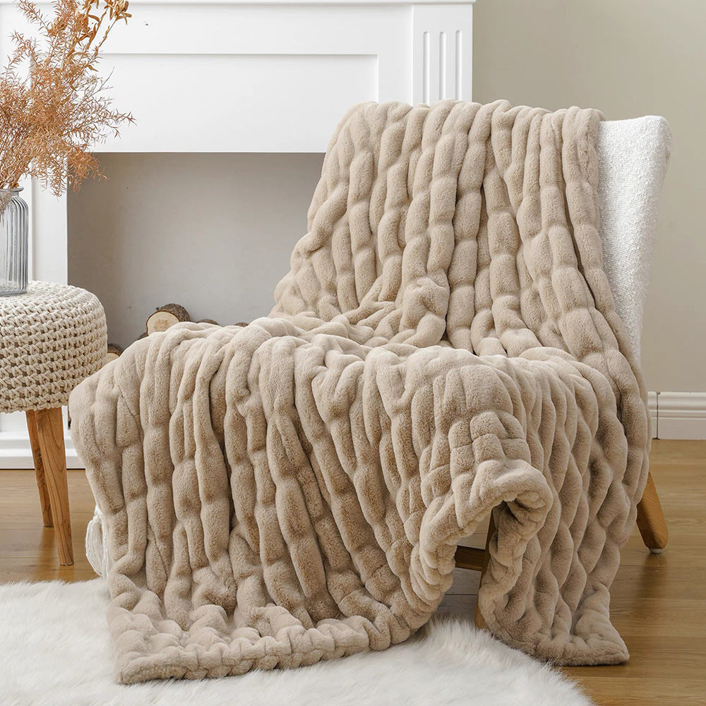 Wave Textured Faux Rabbit Fur Throw Blanket