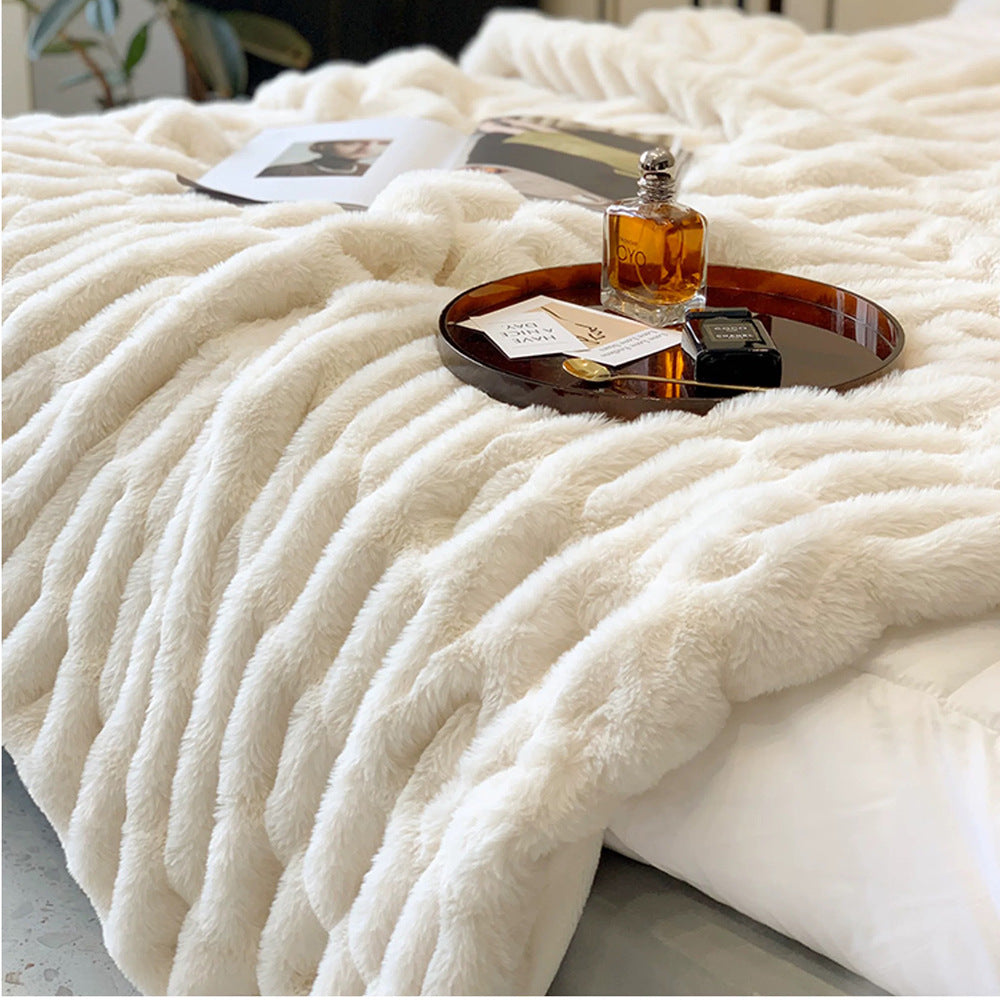 Wave Textured Faux Rabbit Fur Throw Blanket