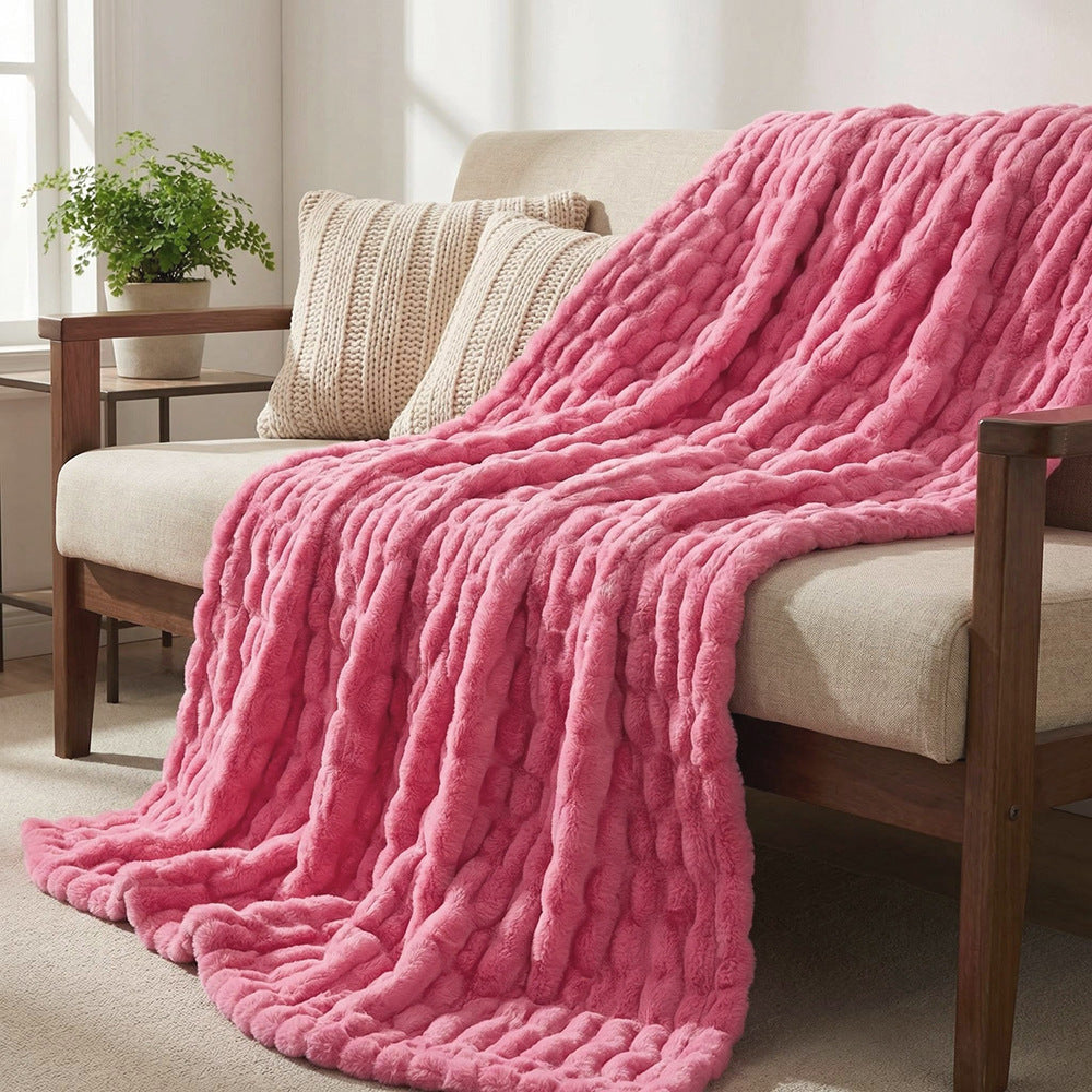 Wave Textured Faux Rabbit Fur Throw Blanket