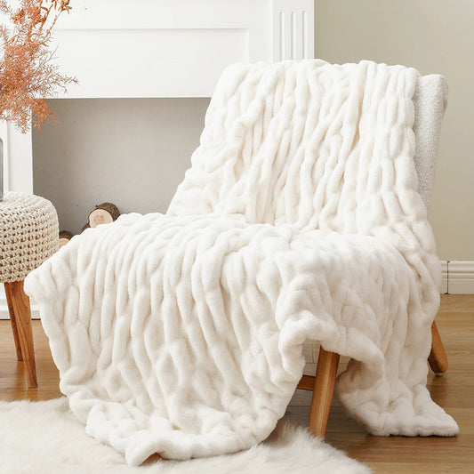 Wave Textured Faux Rabbit Fur Throw Blanket