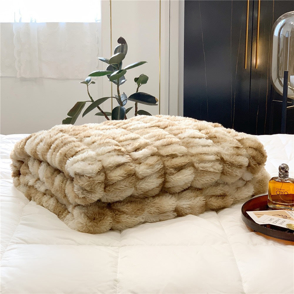 Wave Textured Faux Rabbit Fur Throw Blanket