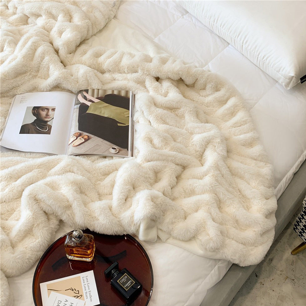 Wave Textured Faux Rabbit Fur Throw Blanket