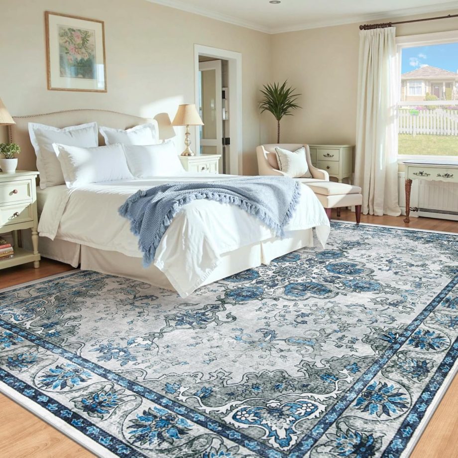 Blue Grey Vintage Floral Rug