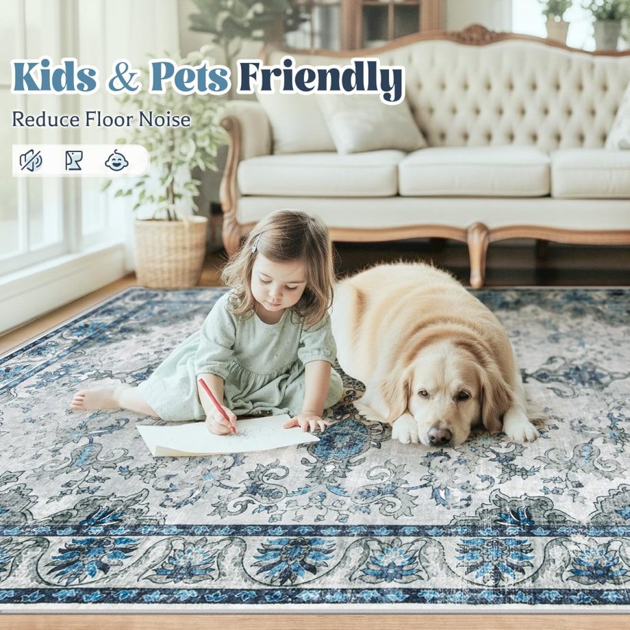 Blue Grey Vintage Floral Rug
