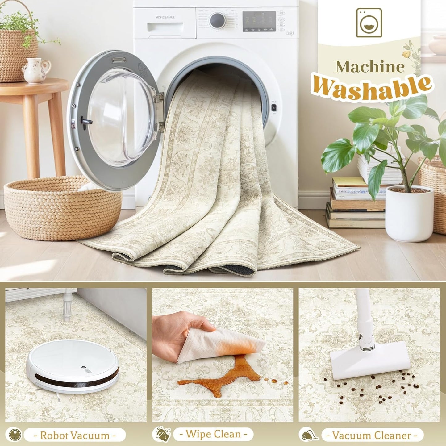 Beige Brown Retro Medallion Washable Rug
