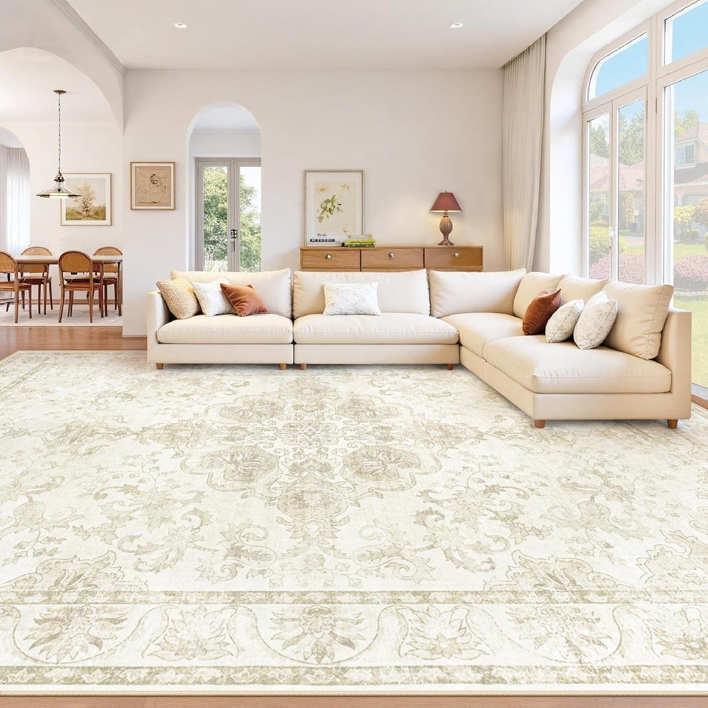 Beige Brown Retro Medallion Washable Rug