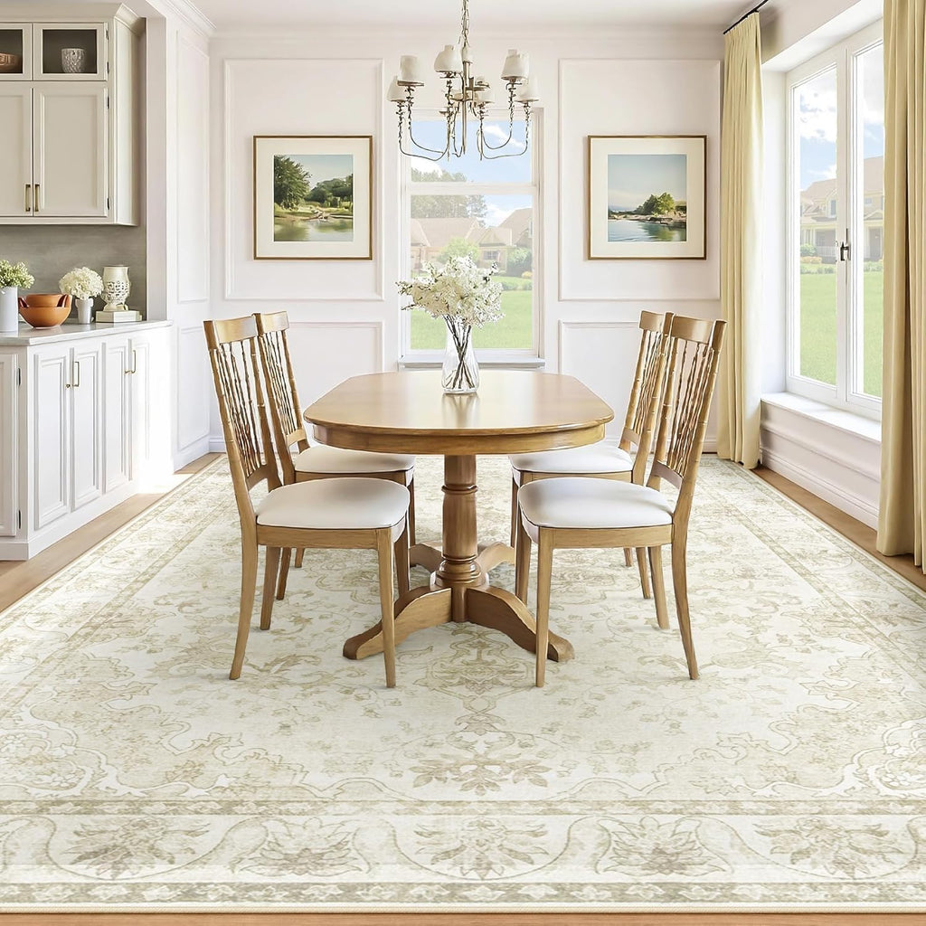 Beige Brown Retro Medallion Washable Rug