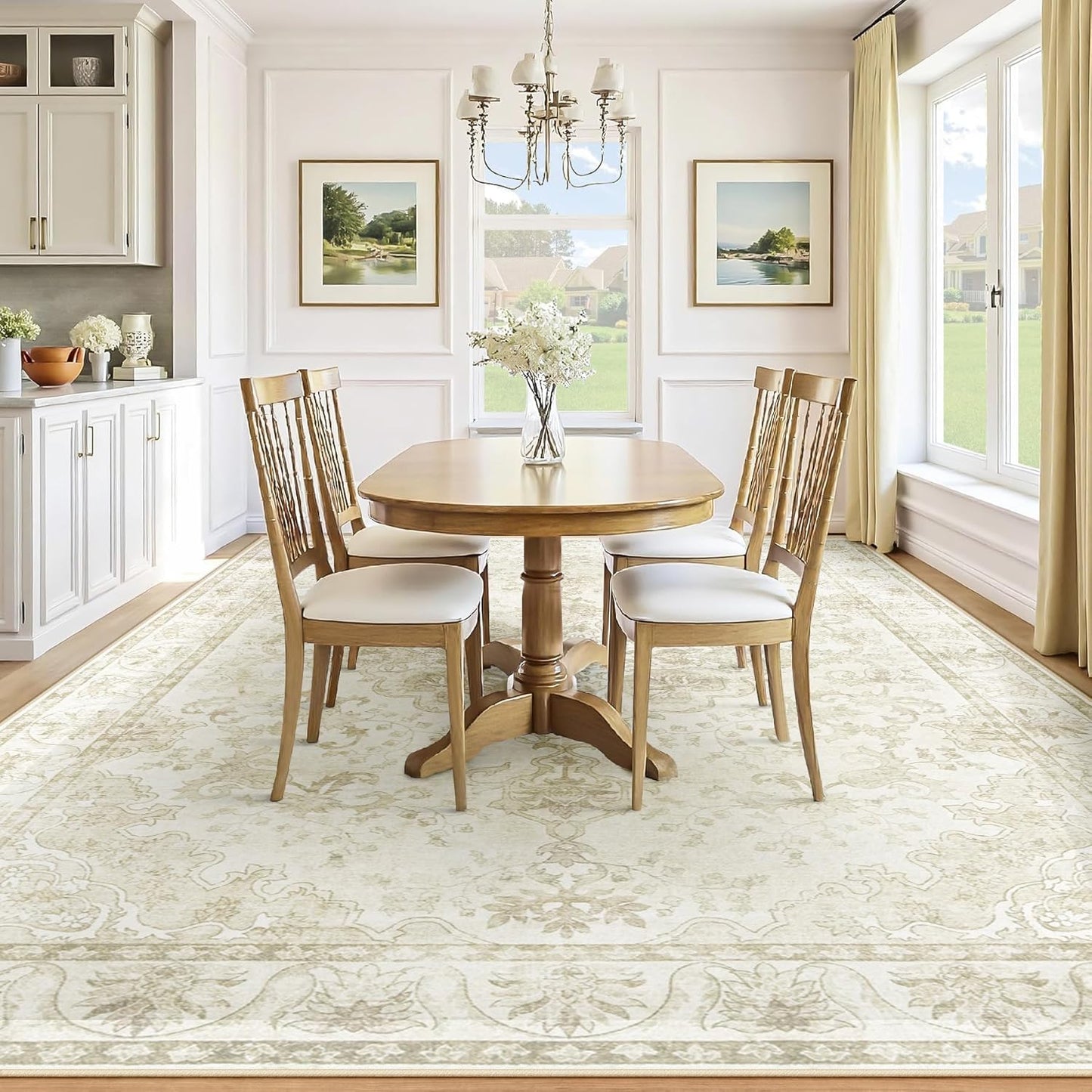Beige Brown Retro Medallion Washable Rug