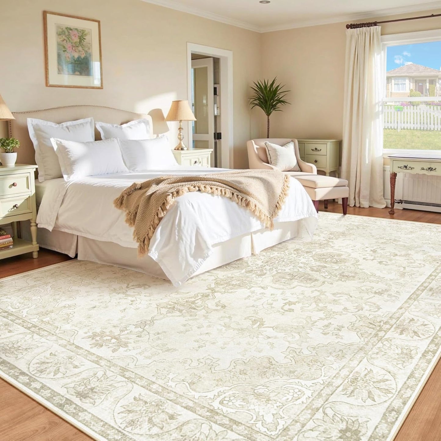 Beige Brown Retro Medallion Washable Rug