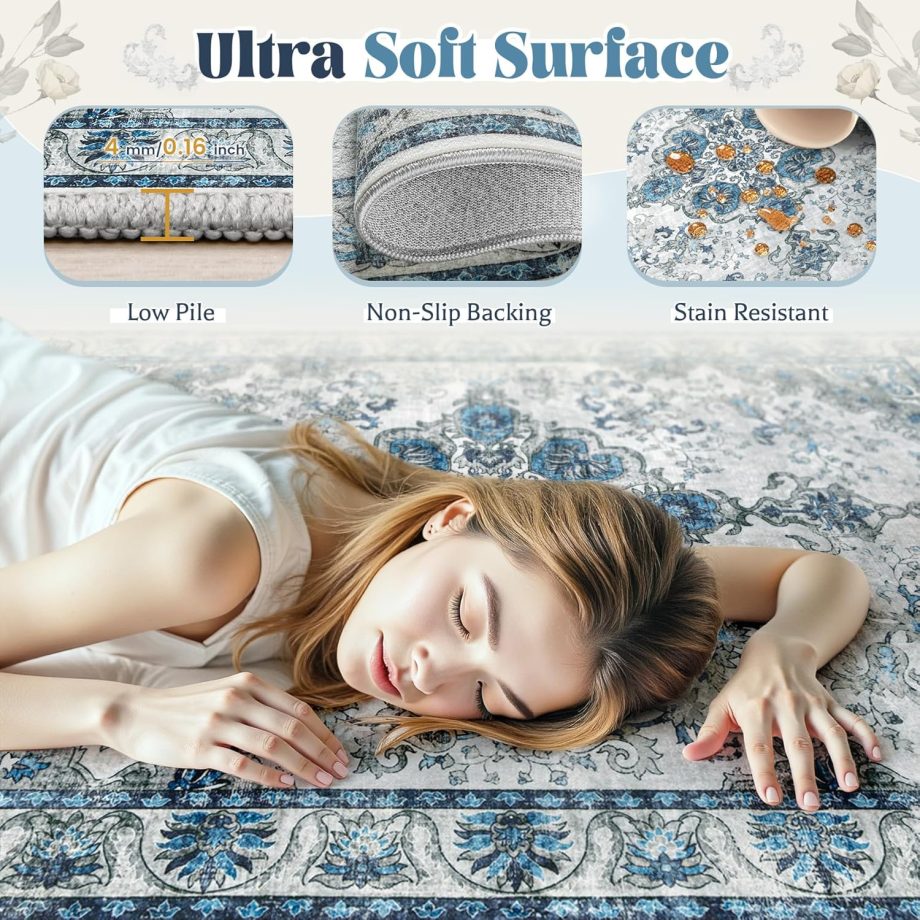 Blue Grey Vintage Floral Rug