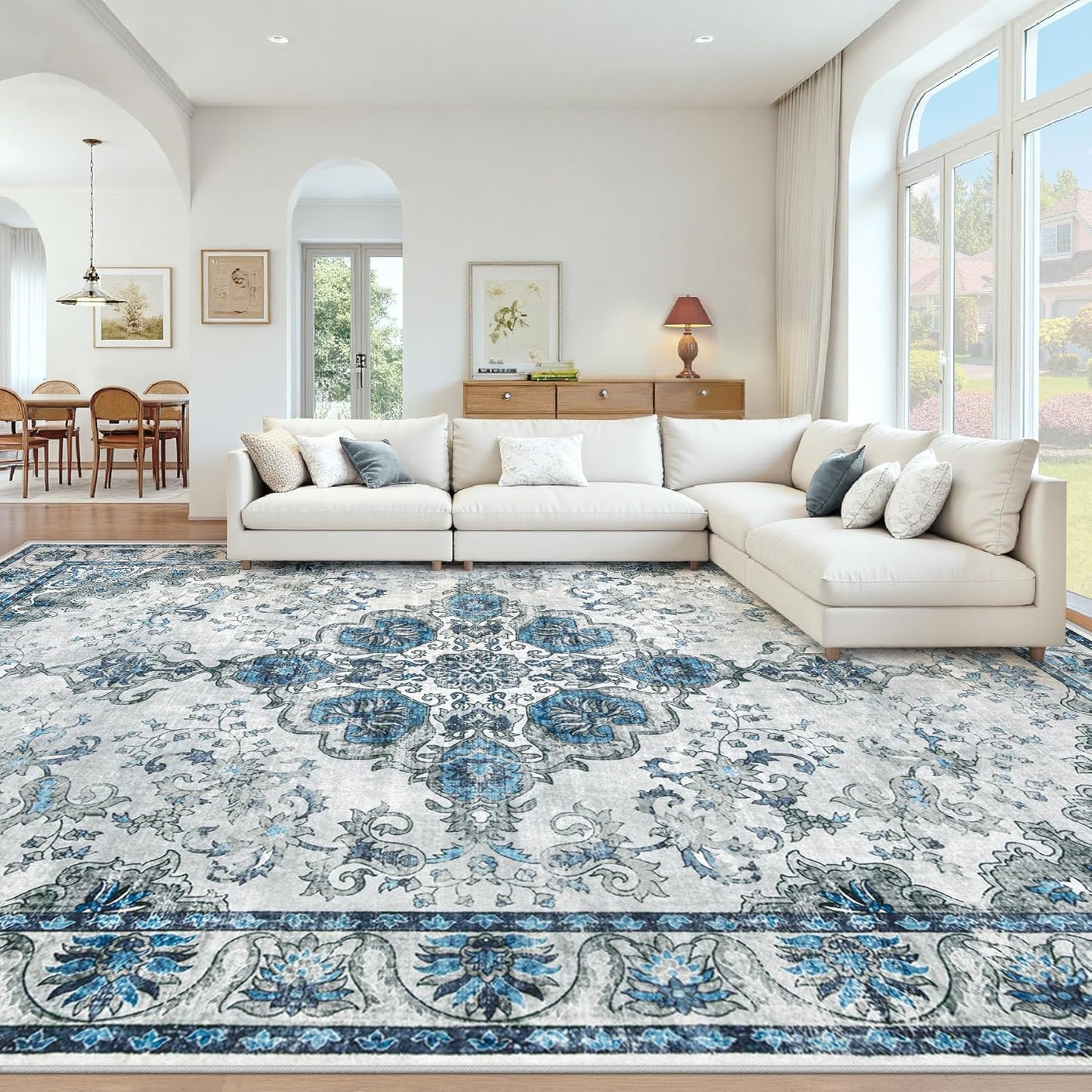 Blue Grey Vintage Floral Rug