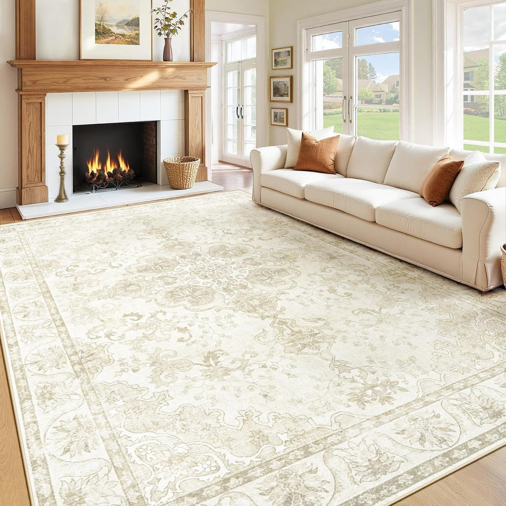 Beige Brown Retro Medallion Washable Rug