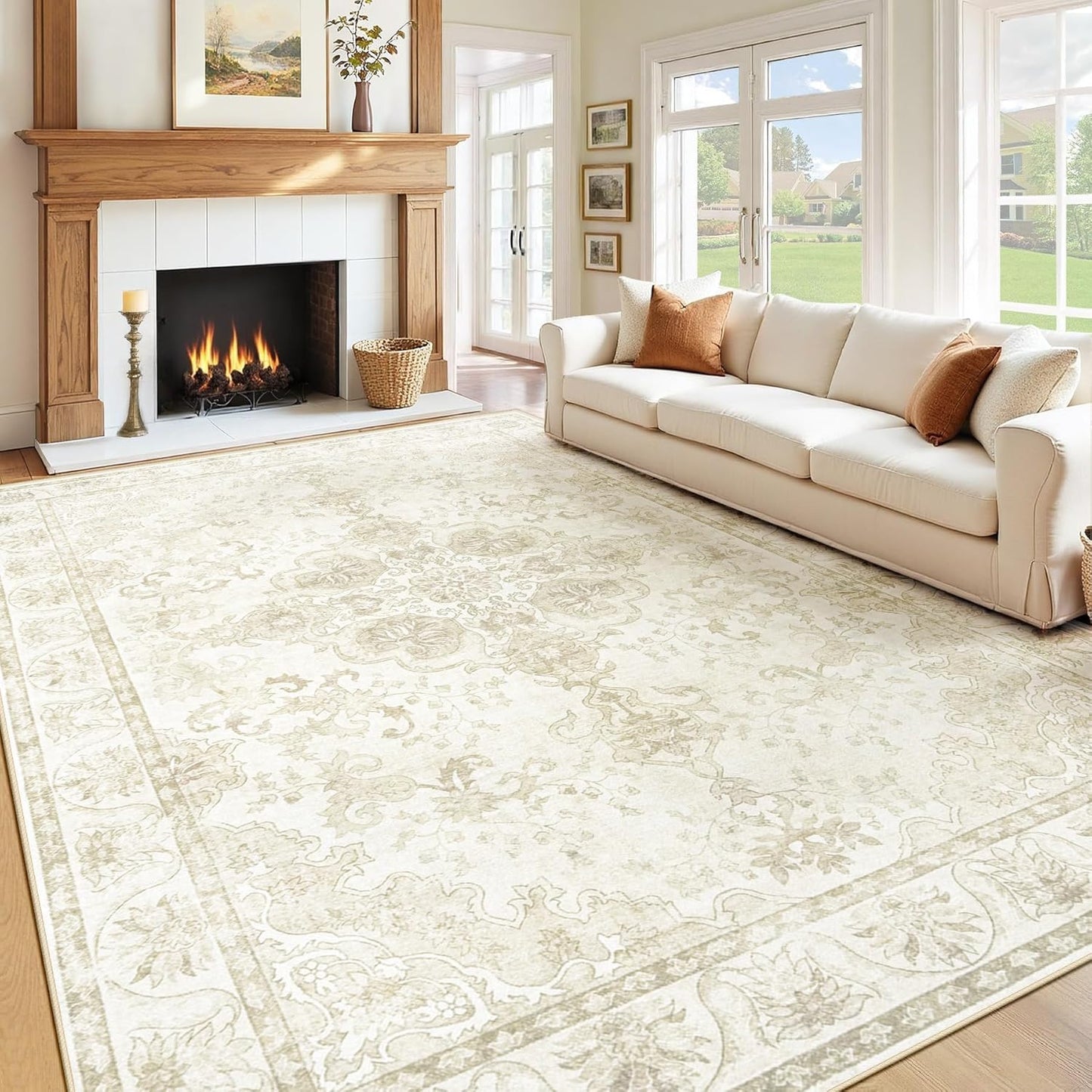Beige Brown Retro Medallion Washable Rug