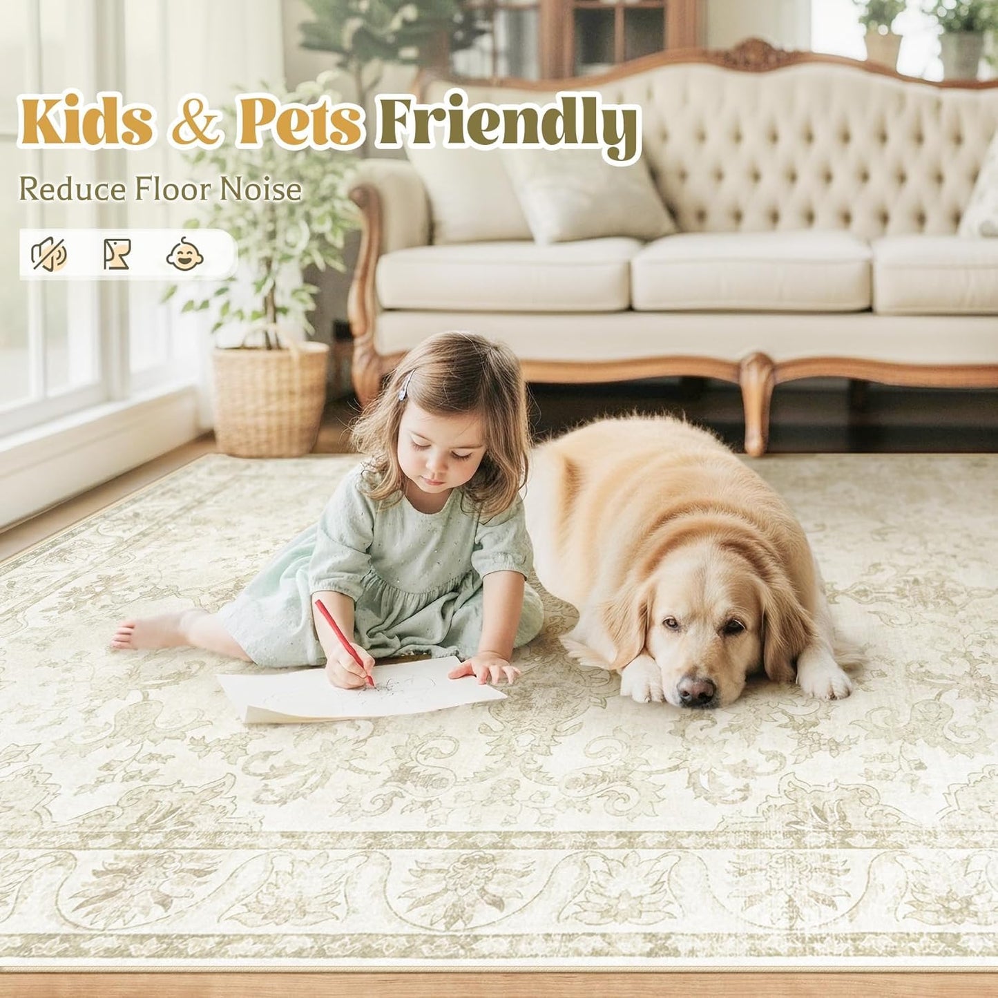 Beige Brown Retro Medallion Washable Rug