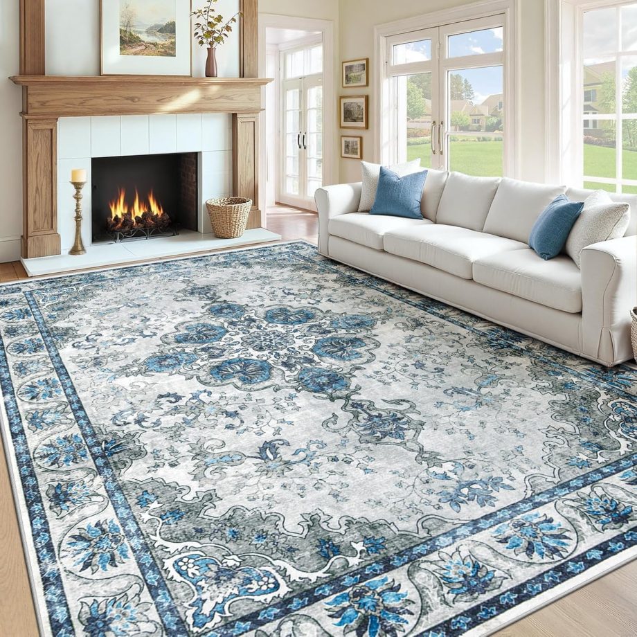 Blue Grey Vintage Floral Rug